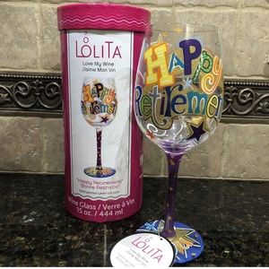 Lolita NIB painted wine glass “Happy Retirement”great gift. Hand painted 15 oz
